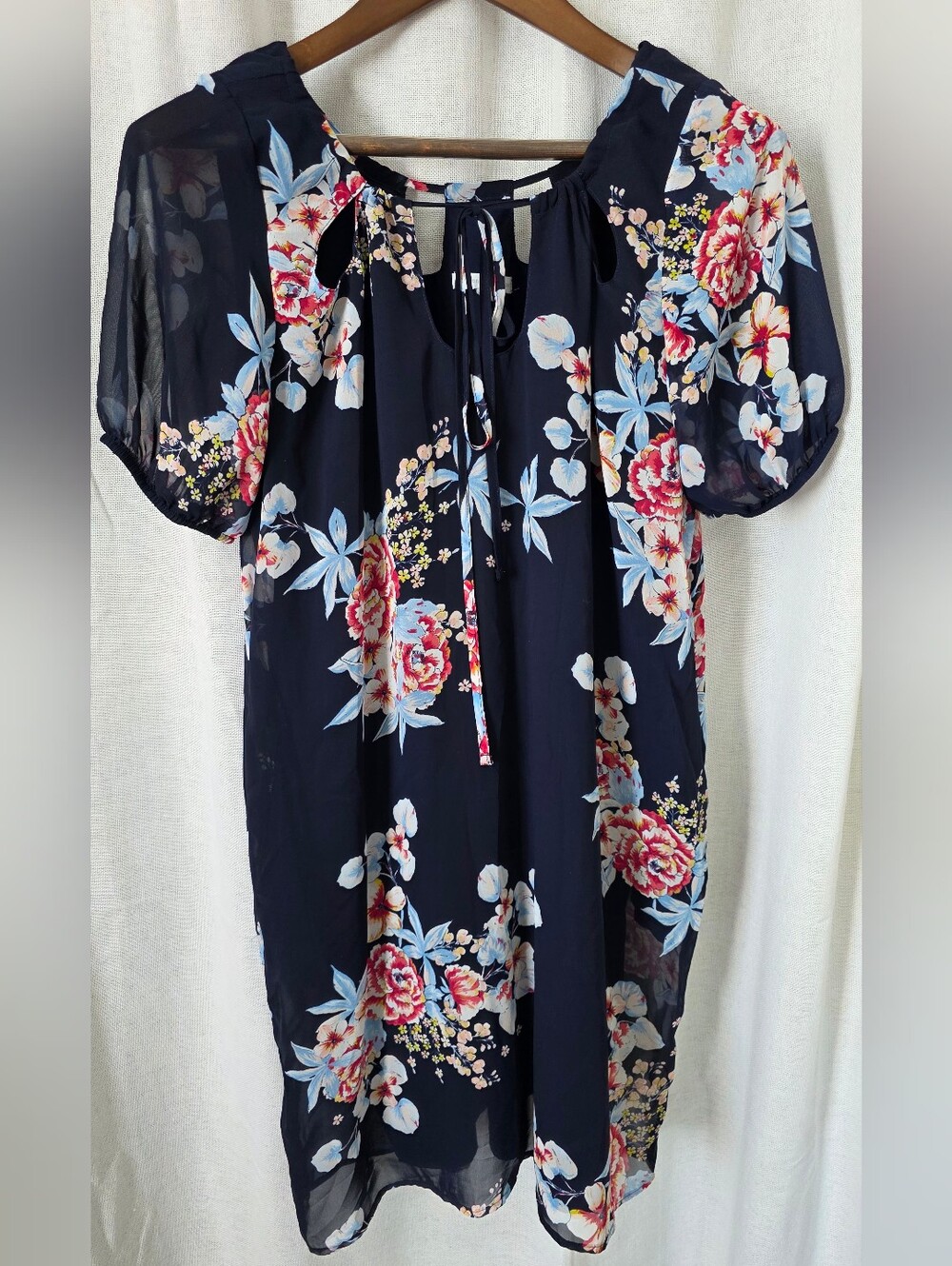 New York & Company Navy Floral Tie-Front Midi Dress